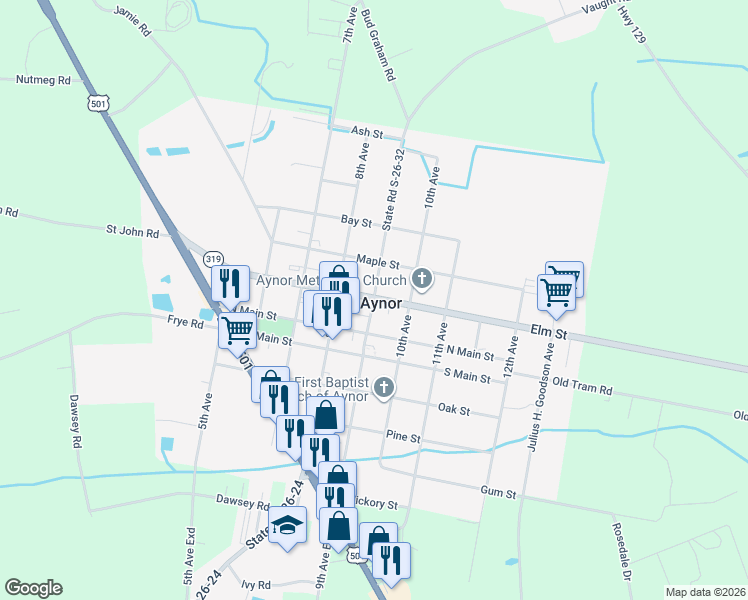 map of restaurants, bars, coffee shops, grocery stores, and more near in Aynor