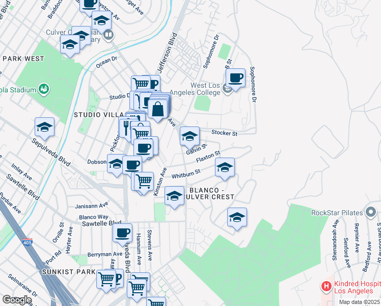 map of restaurants, bars, coffee shops, grocery stores, and more near in Culver City