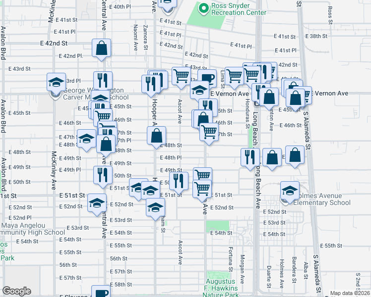 map of restaurants, bars, coffee shops, grocery stores, and more near 1415 East 48th Street in Los Angeles