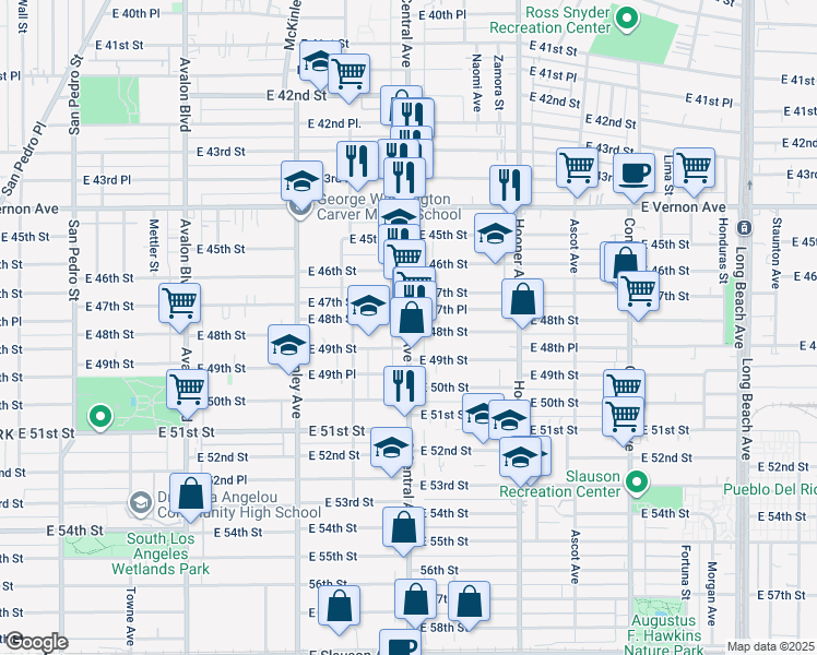 map of restaurants, bars, coffee shops, grocery stores, and more near 4707 South Central Avenue in Los Angeles