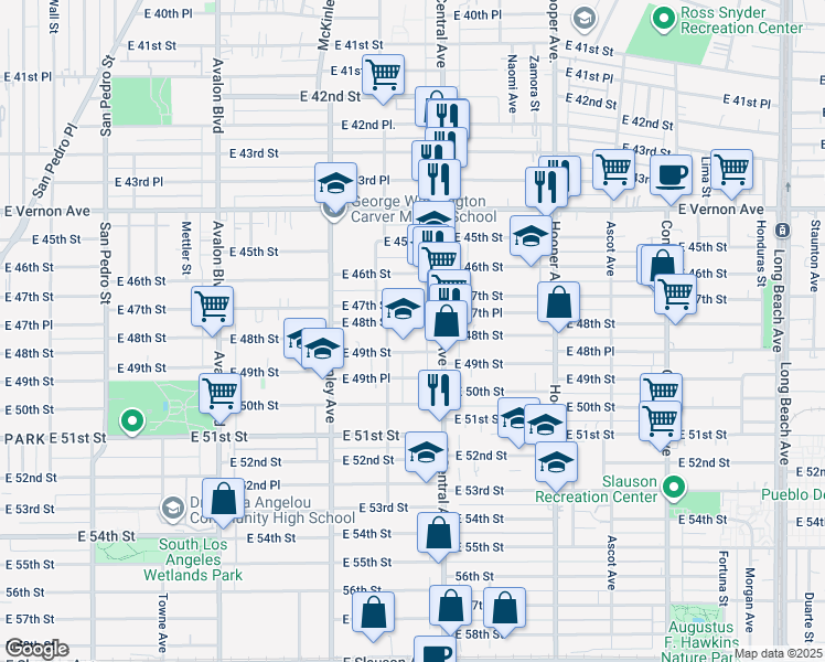 map of restaurants, bars, coffee shops, grocery stores, and more near 4707 South Central Avenue in Los Angeles