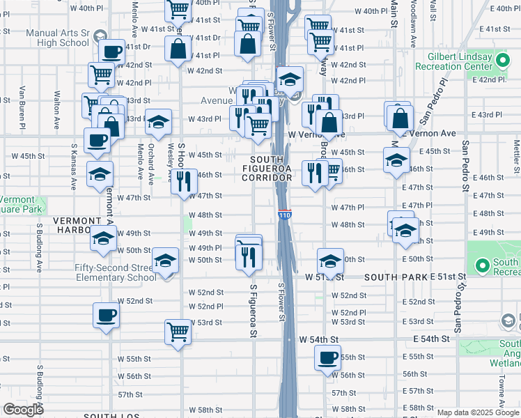map of restaurants, bars, coffee shops, grocery stores, and more near 4720 South Figueroa Street in Los Angeles