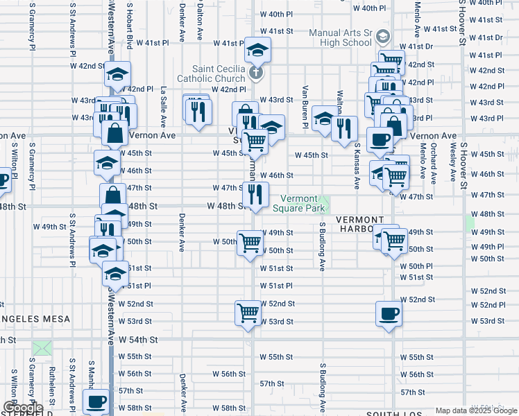 map of restaurants, bars, coffee shops, grocery stores, and more near 4713 Normandie Avenue in Los Angeles