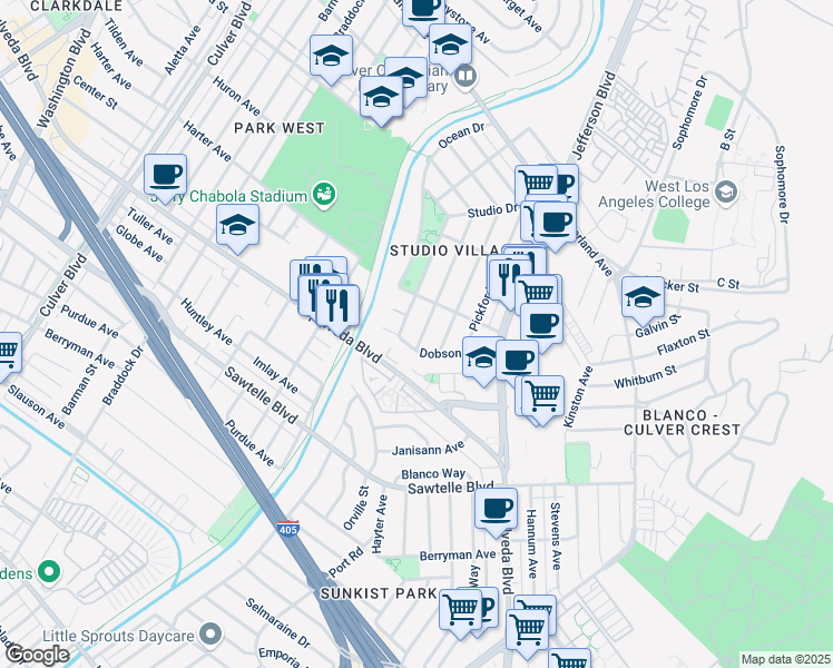 map of restaurants, bars, coffee shops, grocery stores, and more near 5195 Karen Circle in Culver City
