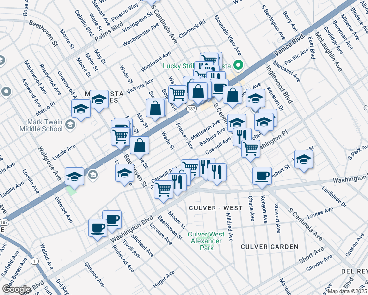 map of restaurants, bars, coffee shops, grocery stores, and more near 12547 Matteson Avenue in Los Angeles