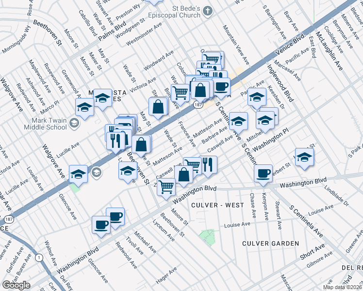 map of restaurants, bars, coffee shops, grocery stores, and more near 12634 Pacific Avenue in Los Angeles
