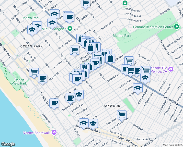 map of restaurants, bars, coffee shops, grocery stores, and more near 237 Bernard Avenue in Los Angeles