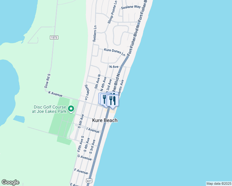 map of restaurants, bars, coffee shops, grocery stores, and more near 218 Fort Fisher Boulevard North in Kure Beach