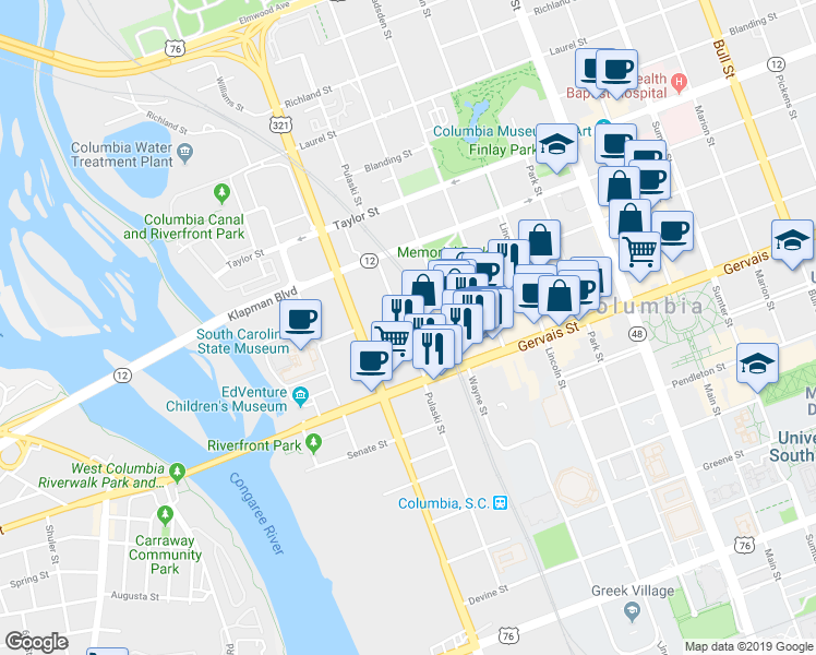 map of restaurants, bars, coffee shops, grocery stores, and more near 106 Pulaski Street in Columbia