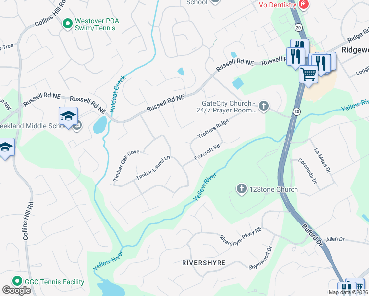 map of restaurants, bars, coffee shops, grocery stores, and more near 332 Trotters Ridge in Lawrenceville