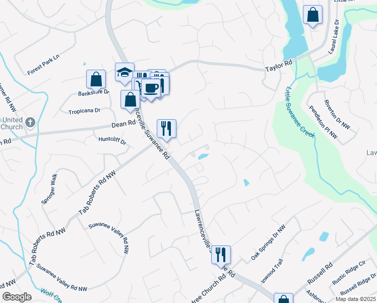 map of restaurants, bars, coffee shops, grocery stores, and more near 593 Woodland Park Terrace in Lawrenceville