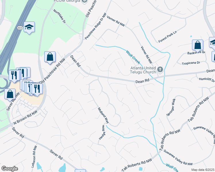 map of restaurants, bars, coffee shops, grocery stores, and more near 1100 White Birch Way in Lawrenceville