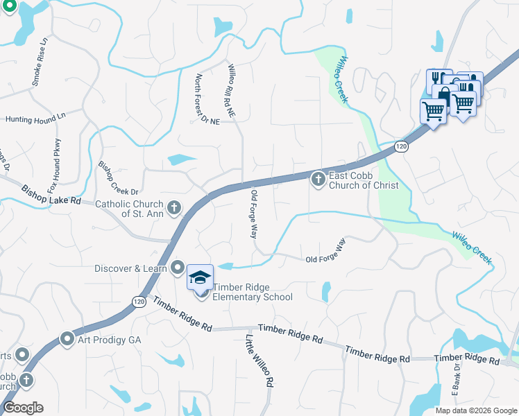 map of restaurants, bars, coffee shops, grocery stores, and more near 2110 Old Forge Way in Marietta
