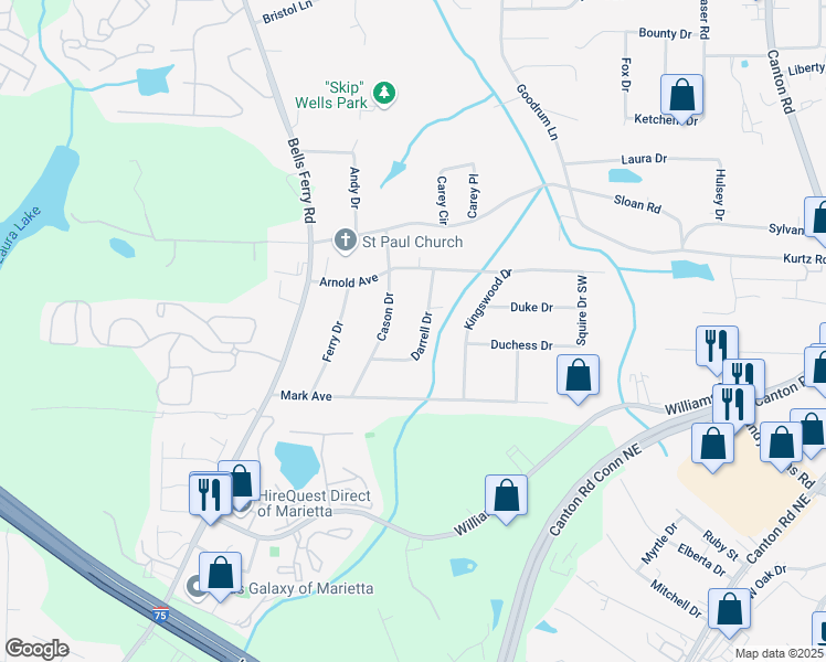 map of restaurants, bars, coffee shops, grocery stores, and more near 1987 Darrell Drive in Marietta