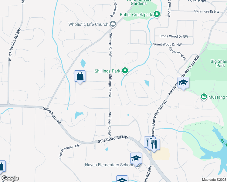 map of restaurants, bars, coffee shops, grocery stores, and more near 2853 Spicewood Lane Northwest in Kennesaw