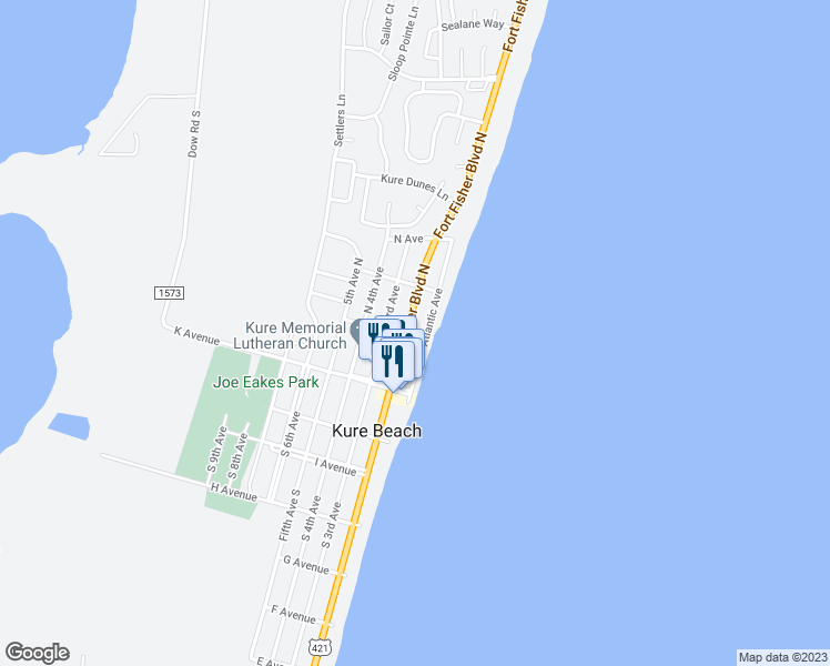 map of restaurants, bars, coffee shops, grocery stores, and more near 218 Fort Fisher Boulevard North in Kure Beach
