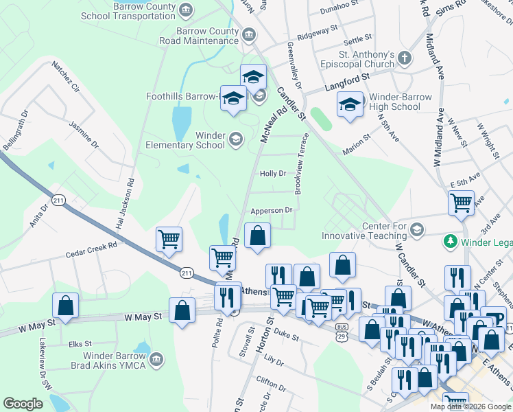 map of restaurants, bars, coffee shops, grocery stores, and more near 291 Apperson Drive in Winder