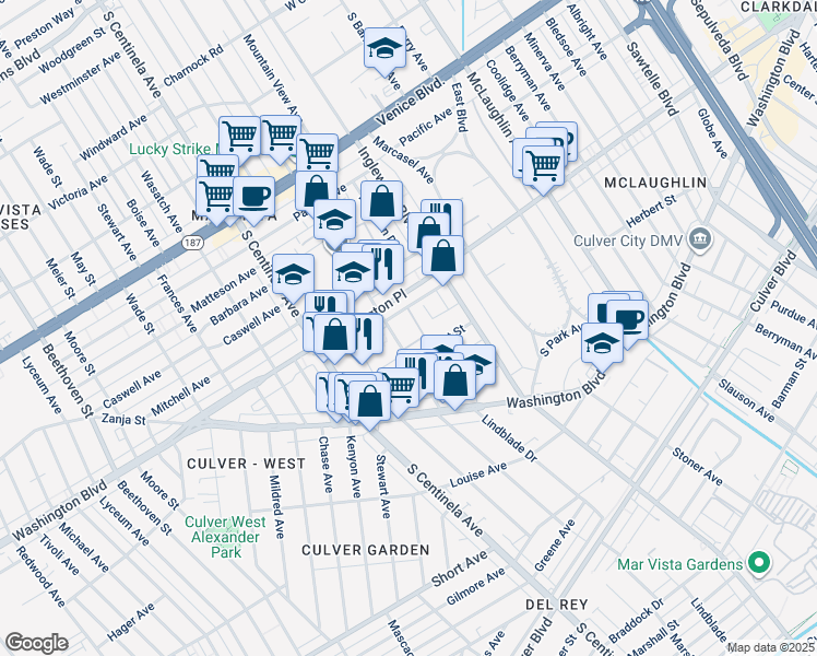 map of restaurants, bars, coffee shops, grocery stores, and more near 4040 Grand View Boulevard in Los Angeles