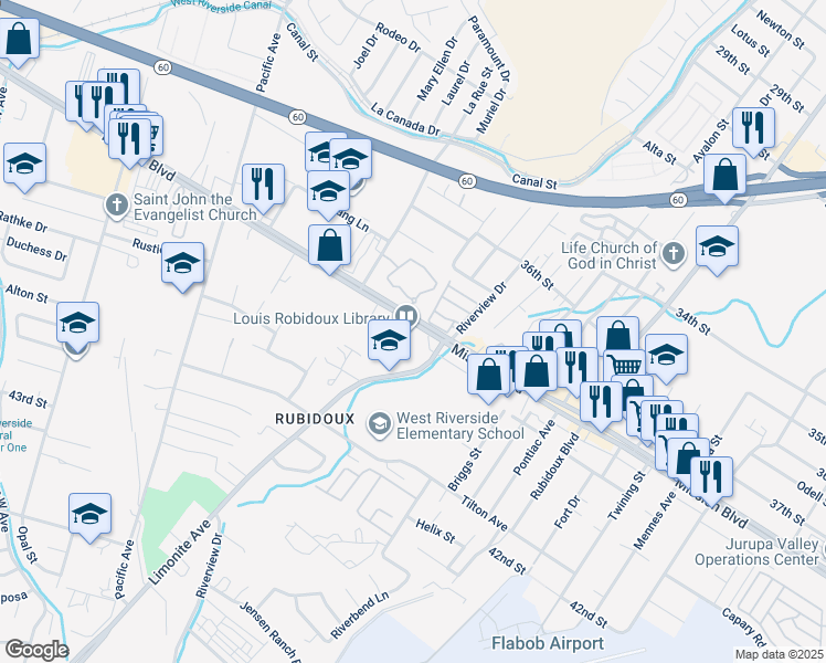 map of restaurants, bars, coffee shops, grocery stores, and more near 5834 Mission Boulevard in Riverside