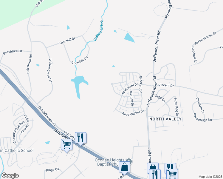 map of restaurants, bars, coffee shops, grocery stores, and more near 484 O'Conner Boulevard in Athens