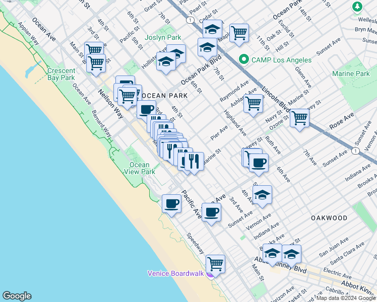 map of restaurants, bars, coffee shops, grocery stores, and more near 2918 3rd Street in Santa Monica