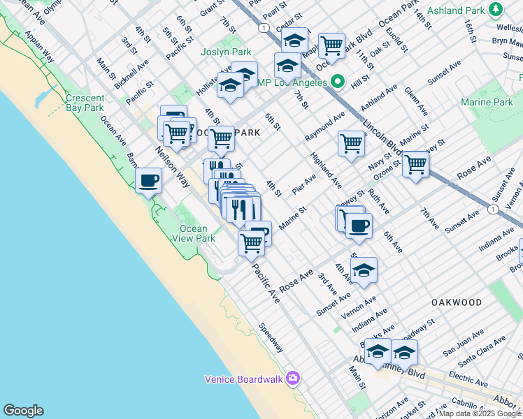 map of restaurants, bars, coffee shops, grocery stores, and more near 2918 3rd Street in Santa Monica