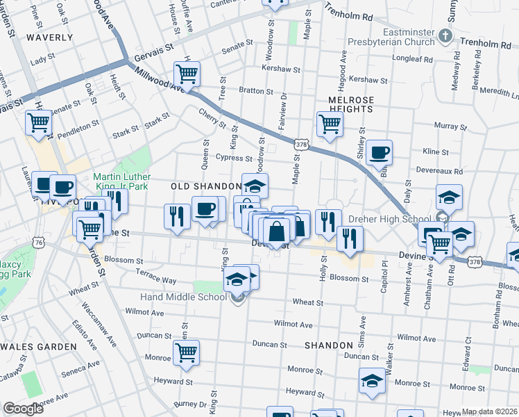 map of restaurants, bars, coffee shops, grocery stores, and more near 2712 Preston Street in Columbia