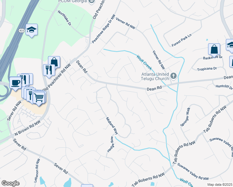 map of restaurants, bars, coffee shops, grocery stores, and more near 1100 White Birch Way in Lawrenceville