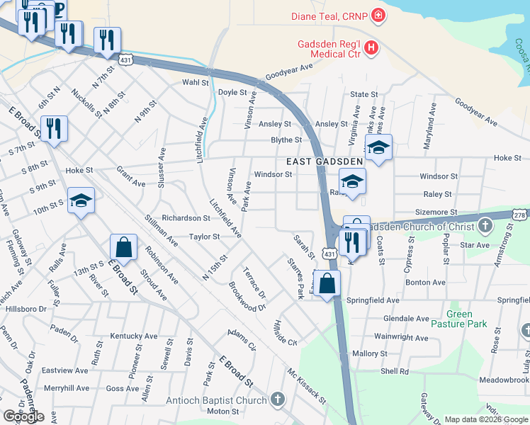 map of restaurants, bars, coffee shops, grocery stores, and more near 610 Sizemore Street in Gadsden