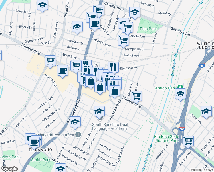 map of restaurants, bars, coffee shops, grocery stores, and more near 4934 Deland Avenue in Pico Rivera