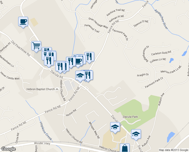 map of restaurants, bars, coffee shops, grocery stores, and more near 2500 Fence Road in Dacula