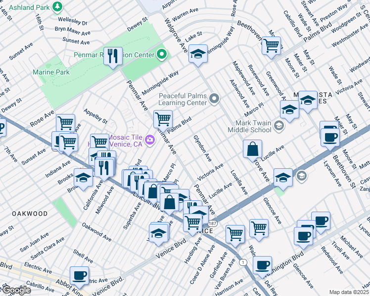 map of restaurants, bars, coffee shops, grocery stores, and more near 2013 Walnut Avenue in Los Angeles