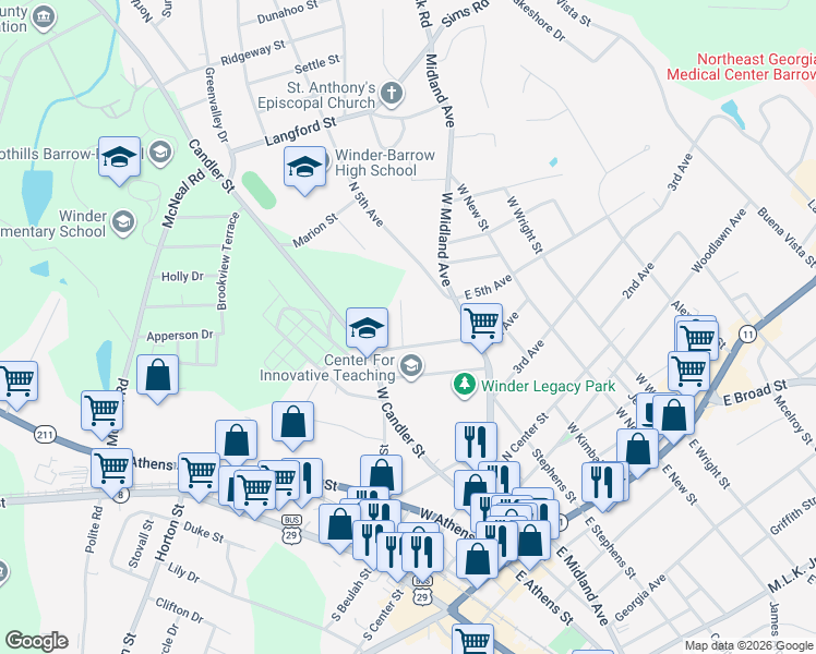 map of restaurants, bars, coffee shops, grocery stores, and more near 233 South Myrtle Street in Winder