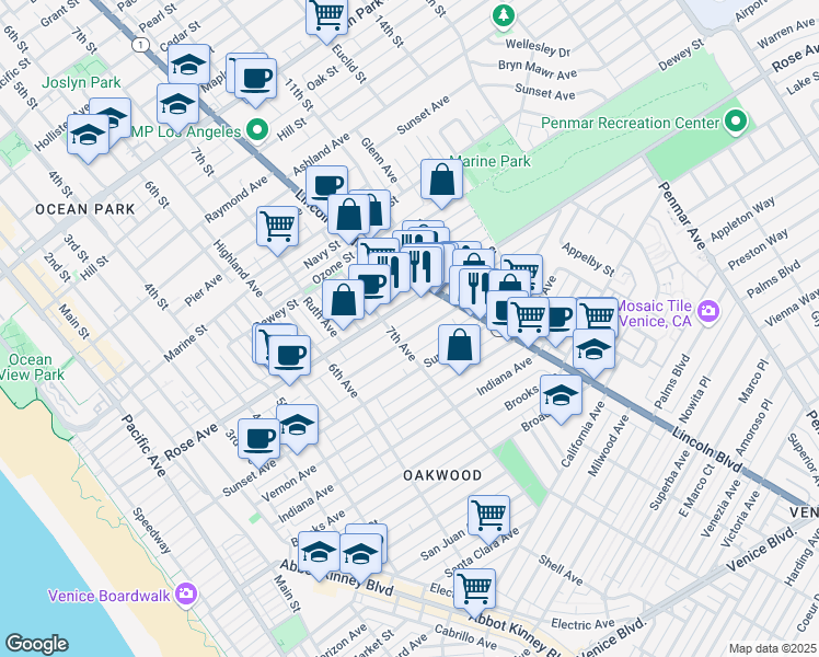 map of restaurants, bars, coffee shops, grocery stores, and more near 713 Flower Avenue in Los Angeles