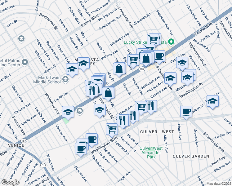 map of restaurants, bars, coffee shops, grocery stores, and more near 12747 Pacific Avenue in Los Angeles