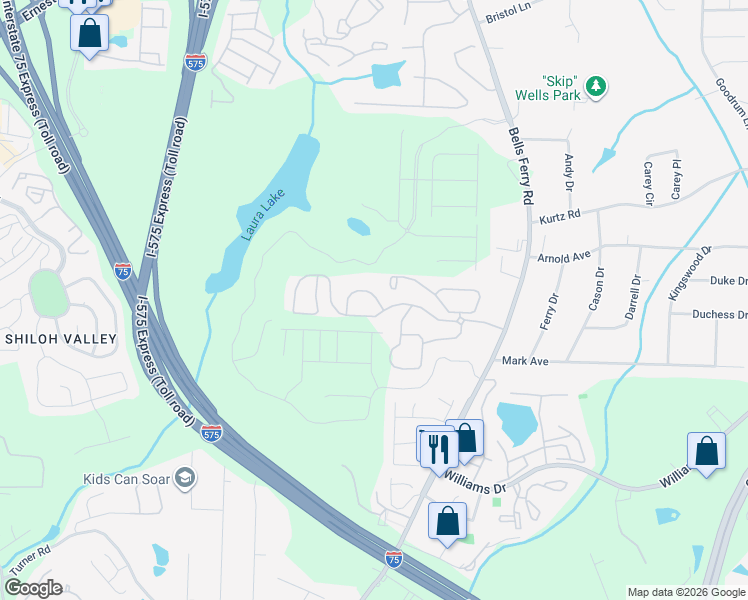 map of restaurants, bars, coffee shops, grocery stores, and more near 1955 Bells Ferry Road in Marietta