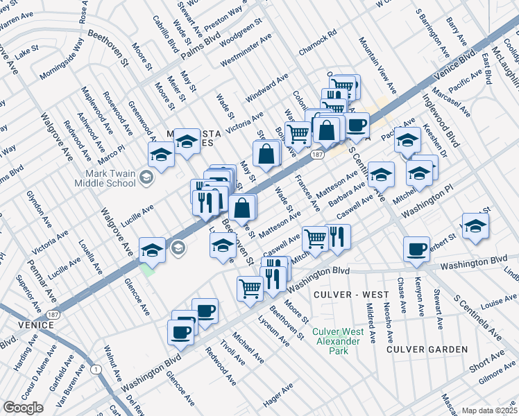 map of restaurants, bars, coffee shops, grocery stores, and more near 12747 Pacific Avenue in Los Angeles