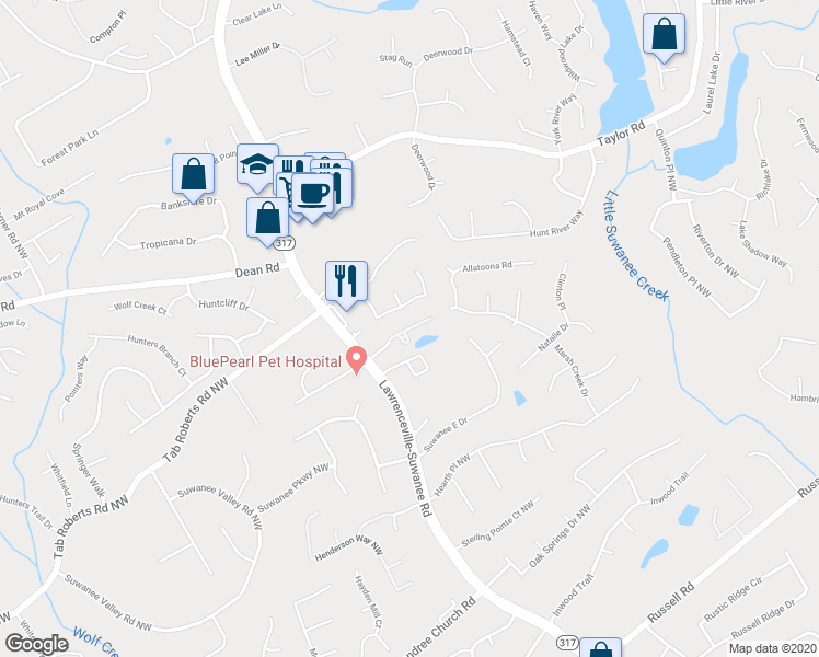 map of restaurants, bars, coffee shops, grocery stores, and more near 593 Woodland Park Terrace in Lawrenceville