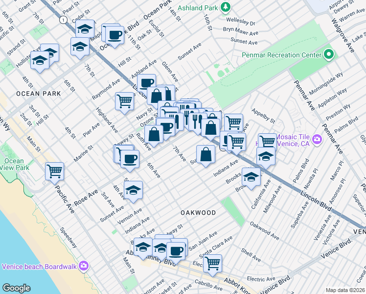 map of restaurants, bars, coffee shops, grocery stores, and more near 713 Flower Avenue in Los Angeles