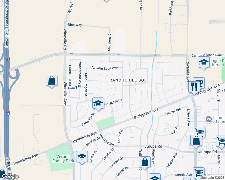 map of restaurants, bars, coffee shops, grocery stores, and more near 11444 Corte Cuyama in Jurupa Valley