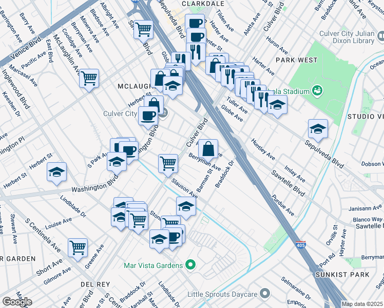 map of restaurants, bars, coffee shops, grocery stores, and more near 11420 Culver Boulevard in Los Angeles
