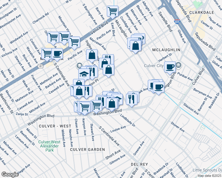 map of restaurants, bars, coffee shops, grocery stores, and more near 12025 Herbert Street in Los Angeles