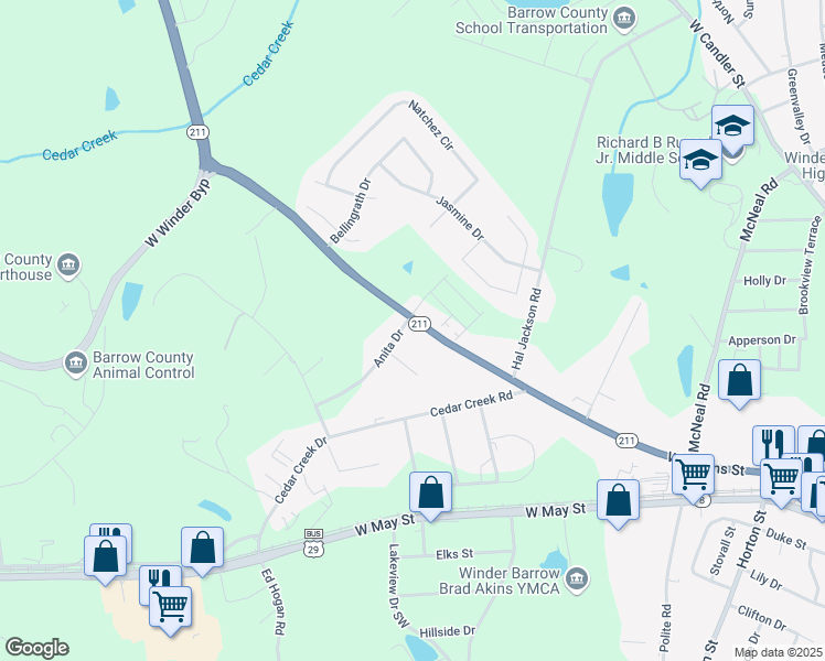 map of restaurants, bars, coffee shops, grocery stores, and more near 320 Georgia Highway 211 in Winder