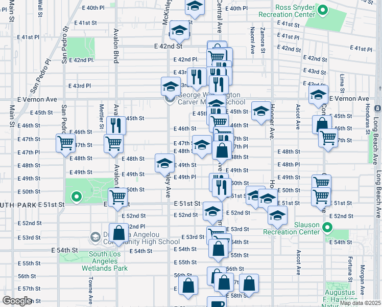 map of restaurants, bars, coffee shops, grocery stores, and more near 976 East 47th Street in Los Angeles