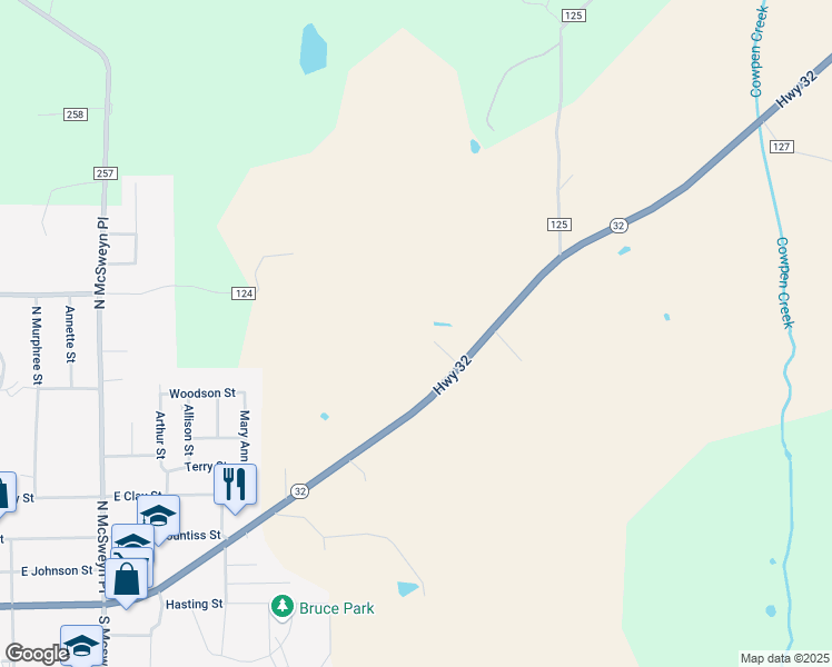 map of restaurants, bars, coffee shops, grocery stores, and more near 155 Highway 32 in Bruce