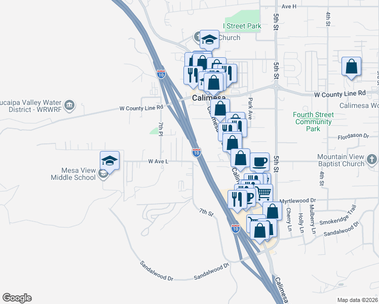 map of restaurants, bars, coffee shops, grocery stores, and more near 642 West Avenue L in Calimesa