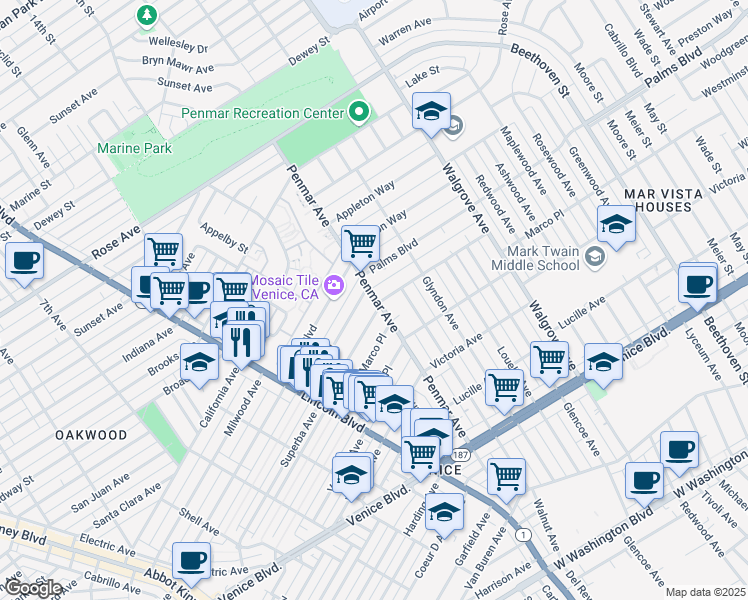 map of restaurants, bars, coffee shops, grocery stores, and more near 2001 Penmar Avenue in Venice