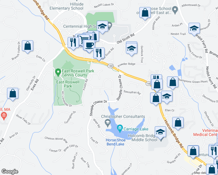 map of restaurants, bars, coffee shops, grocery stores, and more near 2350 Twelvestones Drive in Roswell