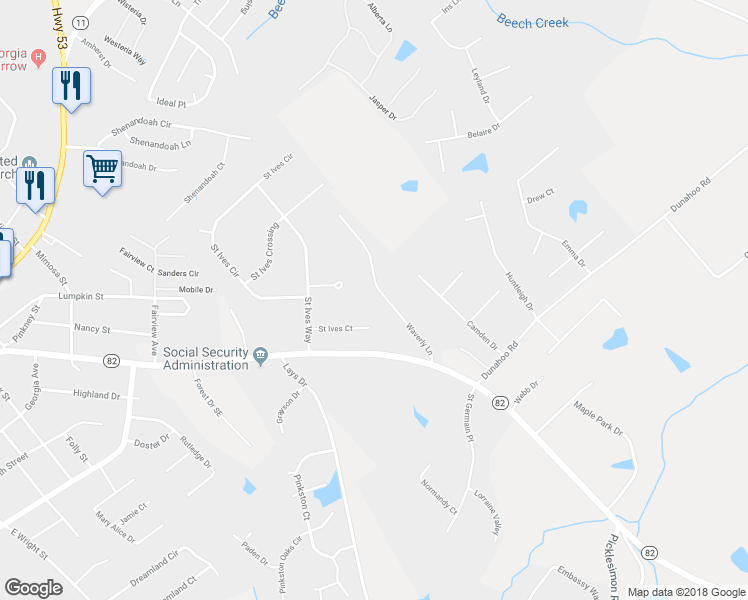 map of restaurants, bars, coffee shops, grocery stores, and more near 20 Waverly Lane in Winder