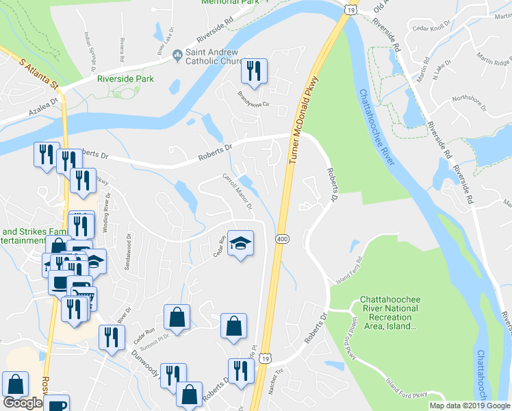 map of restaurants, bars, coffee shops, grocery stores, and more near 8883 Carroll Manor Drive in Atlanta